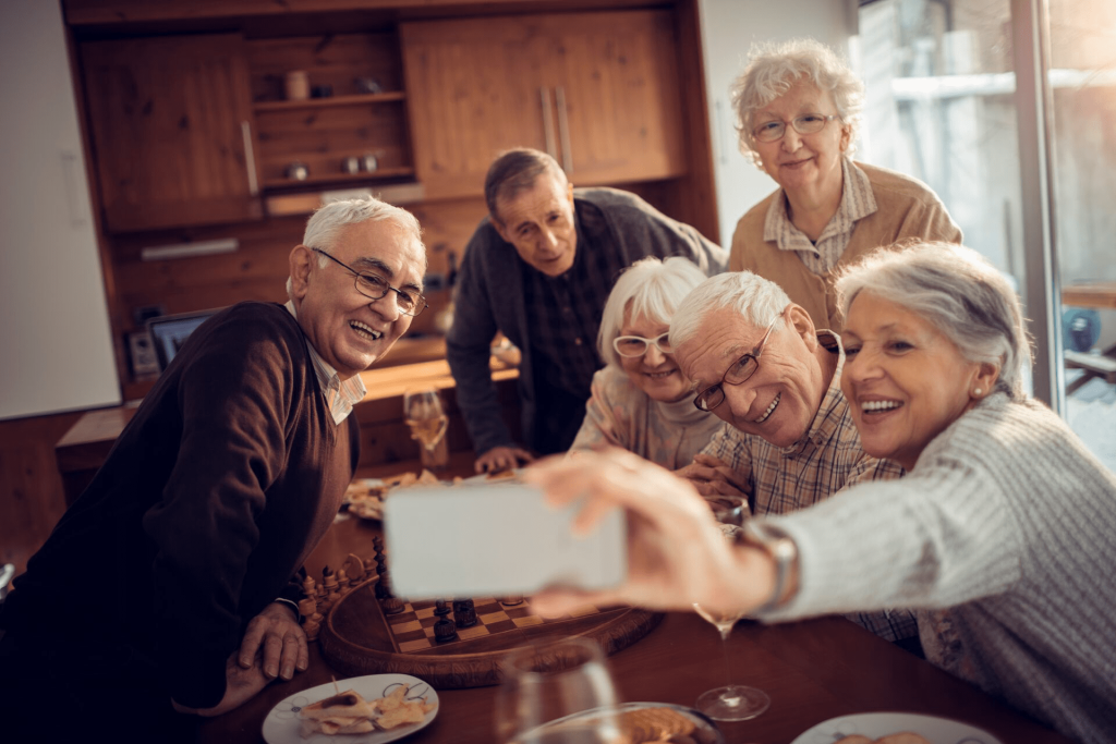 senior couples and friends taking a selfie together