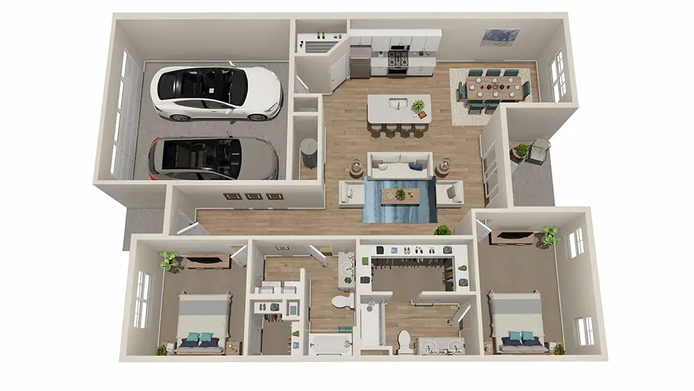 A top-down view of a modern house layout featuring a garage, living area, dining space, kitchen, and two bedrooms.