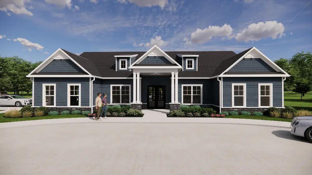 A modern blue house with a large front porch, surrounded by greenery and a circular driveway. Two people stand in front.
